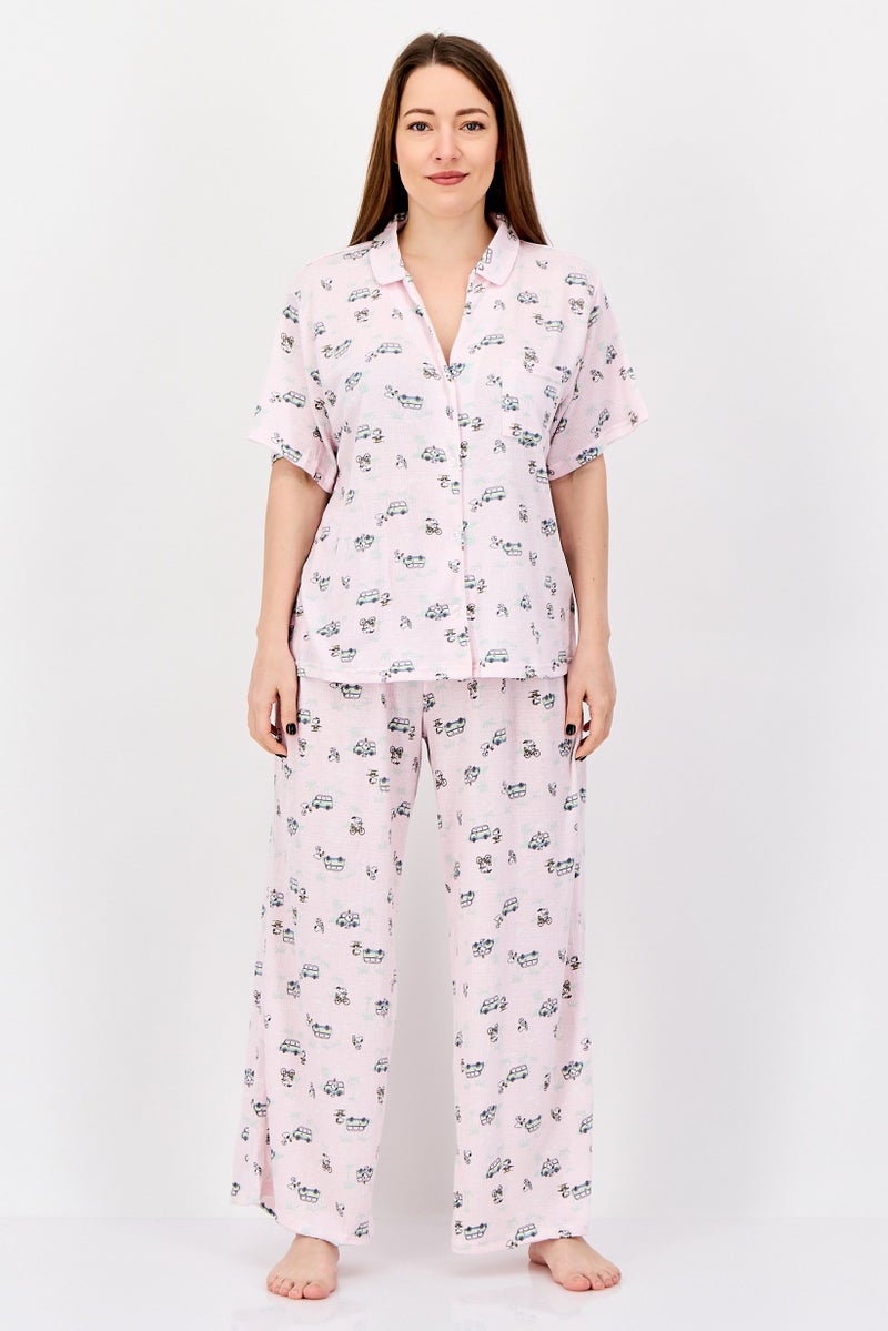 Peanuts Women 2Pcs Allover Print Pajama Top And Bottom Set, Multicolor - Image 1